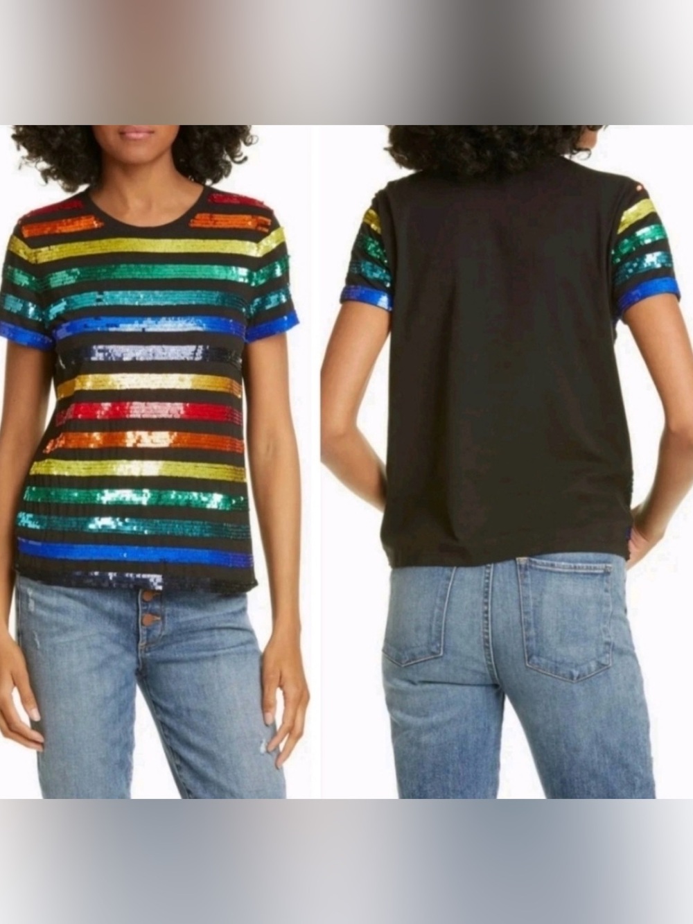 Alice + Olivia Rylyn Sequin Rainbow Stripe Tee size Medium - Picture 2 of 6